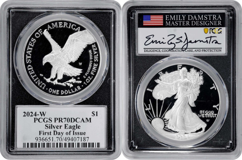 Lot of (2) 2024-Dated Silver Eagles. First Day of Issue. (PCGS). Master Designer...