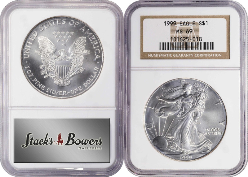 Complete Set of Silver Eagles, 1990-1999. MS-69 (NGC).

All coins are individu...