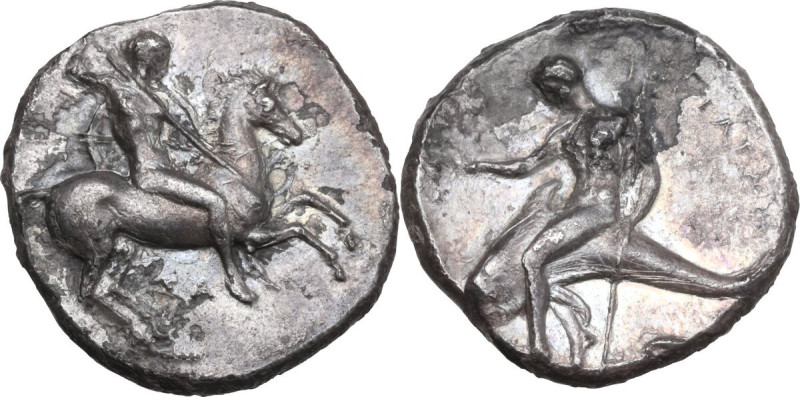 Greek Italy. Southern Apulia, Tarentum. AR Nomos, 332-302 BC. Obv. Horseman righ...