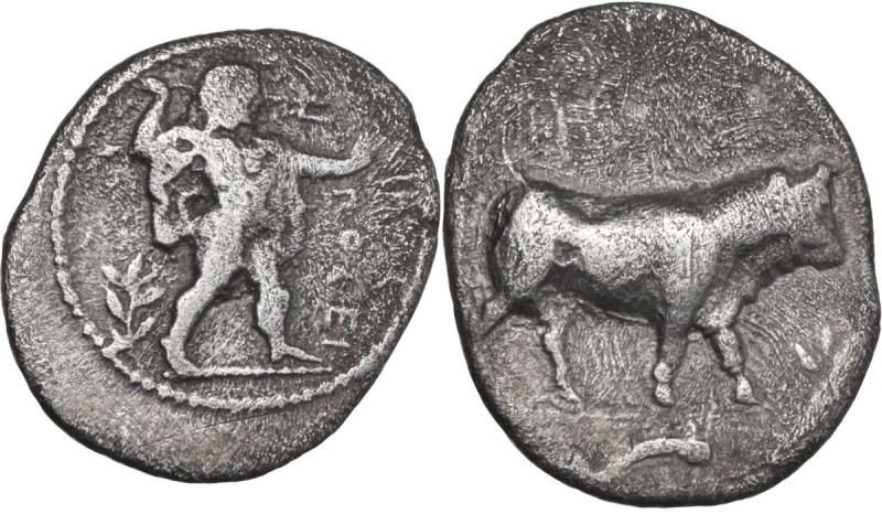 Greek Italy. Lucania, Poseidonia-Paestum. AR Diobol, 445-420 BC. Obv. Poseidon s...