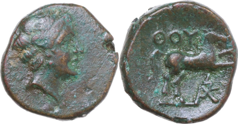 Greek Italy. Southern Lucania, Thurium. AE 14 mm. c. 280 BC. Obv. Head of Apollo...