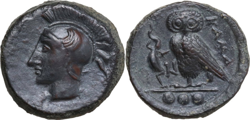 Sicily. Kamarina. AE Tetras or Trionkion, c. 410-405 BC. Obv. Head of Athena lef...