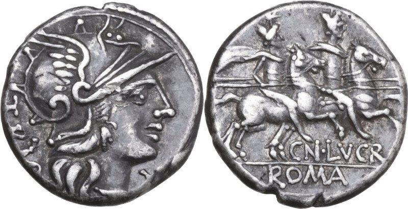 Cn. Lucretius Trio. AR Denarius, 136 BC. Obv. Helmeted head of Roma right with n...