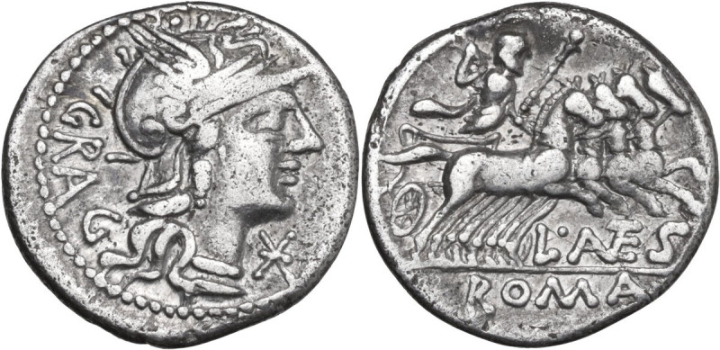 L. Antestius Gragulus. AR Denarius, 136 BC. Obv. Helmeted head of Roma right; be...