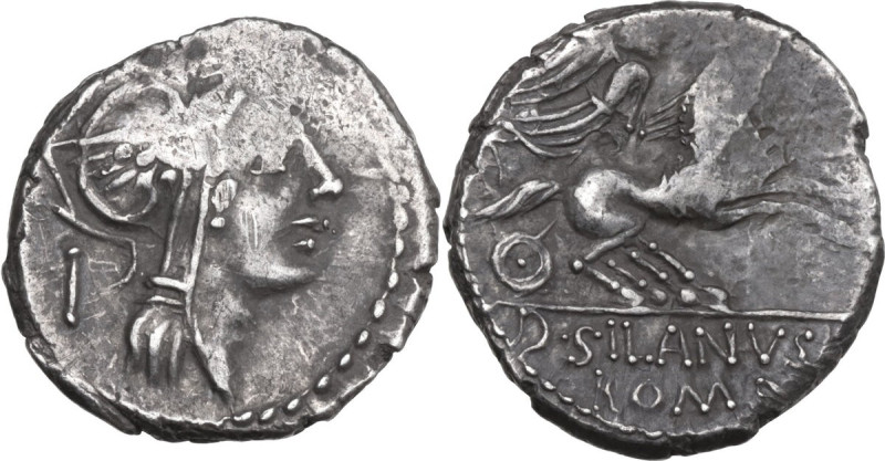 D. Junius Silanus L.f. AR Denarius, 91 BC. Obv. Helmeted head of Roma right; beh...