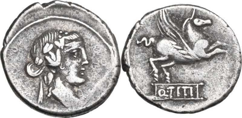 Q. Titius. AR Denarius, 90 BC. Obv. Head of Liber right, wearing ivy-wreath. Rev...