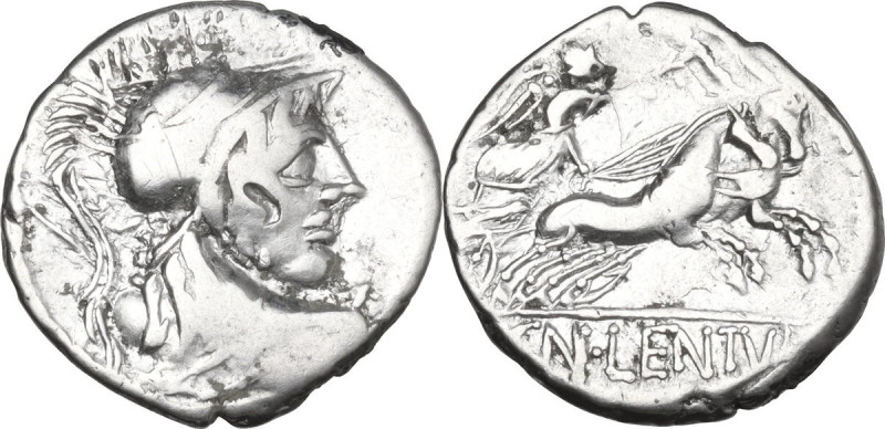 Cn. Cornelius Lentulus Clodianus. AR Denarius, 88 BC. Obv. Helmeted bust of Mars...