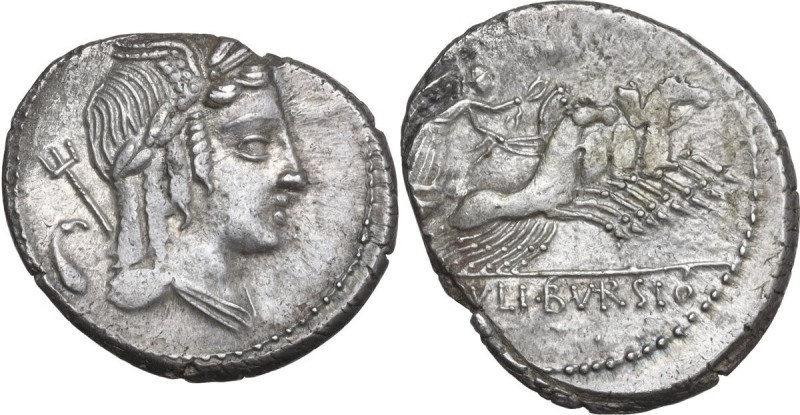 L. Julius Bursio. AR Denarius, 85 BC. Obv. Male head right, with the attributes ...