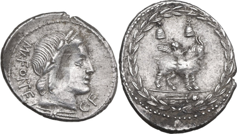 Mn. Fonteius C.f. Denarius, 85 BC. Obv. Laureate head of Apollo right; below, th...