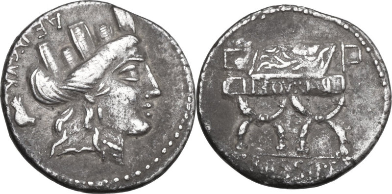 P. Furius Crassipes. AR Denarius, 84 BC. Obv. Turreted head of Cybele right; beh...