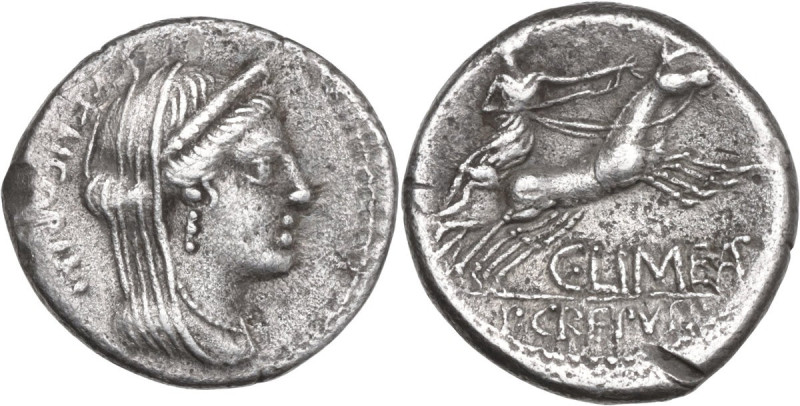 L. Censorinus, P. Crepusius and C. Limetanus. AR Denarius, 82 BC. Obv. Diademed ...