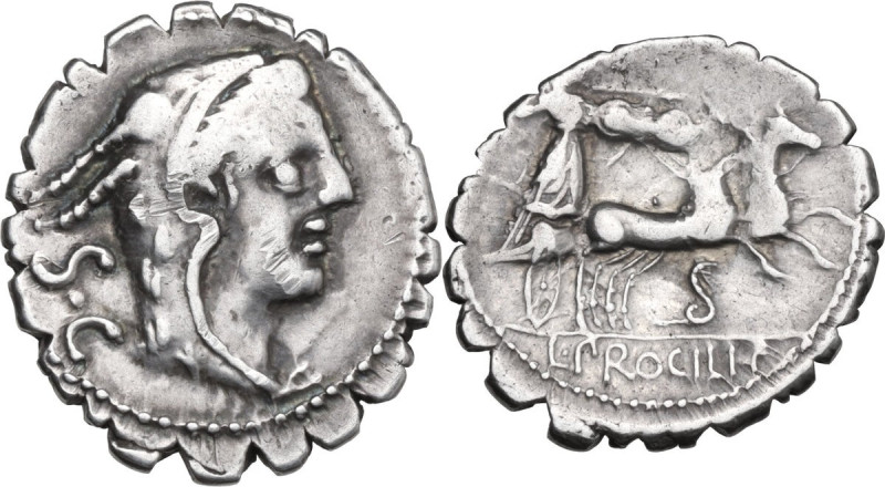 L. Procilius. AR Denarius serratus, 80 BC. Obv. Head of Juno Sospita right, wear...