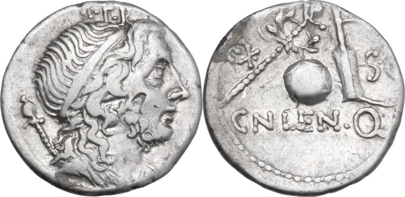 Cn. Lentulus. AR Denarius, 76-75 BC. Obv. Diademed and draped bust of the Genius...