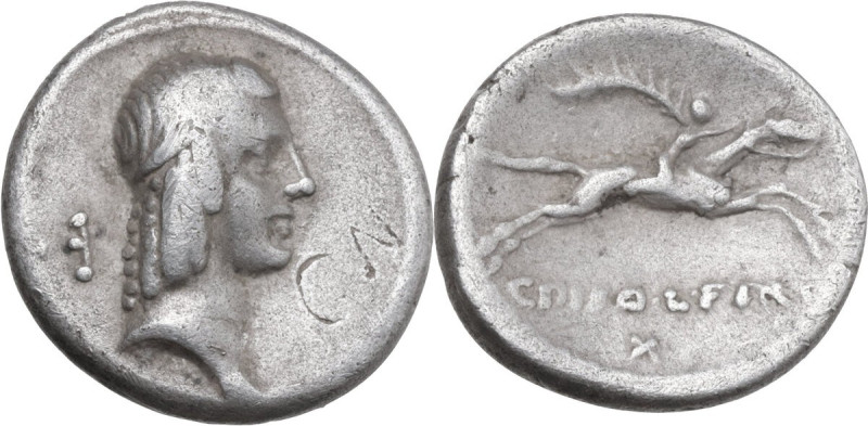 C. Piso L. f. Frugi. AR Denarius, 67 BC. Obv. Head of Apollo right with hair tie...