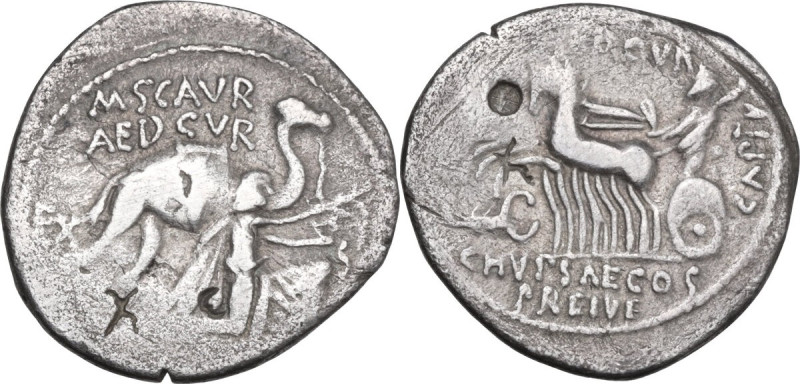 M. Aemilius Scaurus with Pub. Plautius Hypsaeus. AR Denarius, 58 BC. Obv. Camel ...