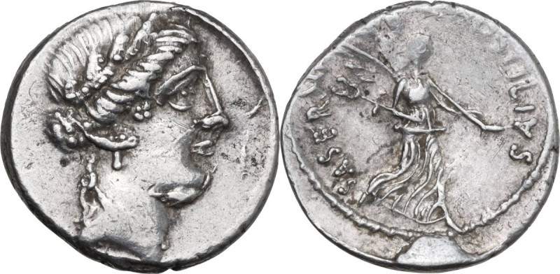 L. Hostilius Saserna. AR Denarius, 48 BC. Obv. Female head right, wearing oak-wr...