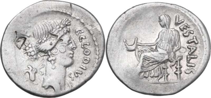 C. Clodius C.f. Vestalis. AR Denarius, 41 BC. Obv. C. CLODIVS-C.F. Wreathed head...