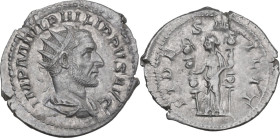 Philip I (244-249). AR Antoninianus, Rome mint, 244-247. Obv. IMP M IVL PHILIPPVS AVG. Radiate, draped and cuirassed bust right. Rev. FIDES MILIT. Fid...