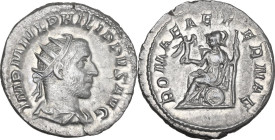 Philip I (244-249). AR Antoninianus, Rome mint, 244-247. Obv. IMP M IVL PHILIPPVS AVG. Radiate, draped and cuirassed bust right. Rev. ROMAE AETERNAE. ...