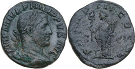 Philip I (244-249). AE Sestertius, Rome mint, 246 AD. Obv. IMP M IVL PHILIPPVS AVG. Laureate, draped and cuirassed bust right. Rev. P M TR P III COS P...