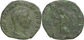 Philip I (244-249). AE Sestertius. Obv. IMP M IVL PHILIPPVS AVG. Laureate, draped and cuirassed bust right. Rev. VICTORIA AVG SC. Victoria runnung lef...