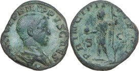 Philip II (244-249). AE Sestertius, Rome mint. Obv. M IVL PHILIPPVS CAES. Bareheaded and draped bust right. Rev. PRINCIPI IVVENT SC. Philip II standin...