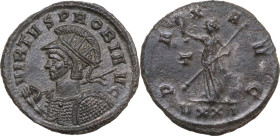 Probus (276-282). BI Antoninianus, Ticinum mint, 276-282. Obv. VIRTVS PROBI AVG. Helmeted, radiate and cuirassed bust left, holding spear in right han...