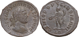 Maximian (286-310). AE Follis, Lugdunum mint, 295 AD. Obv. IMP C MAXIMIANVS P F AVG. Laureate head right. Rev. GENIO POPVLI ROMANI. Genius, wearing mo...