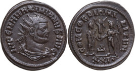 Maximian (286-310). AE Antoninianus, Cyzicus mint, 293 AD. Obv. IMP C M A VAL MAXIMIANVS AVG. Radiate and draped bust right. Rev. CONCORDIA MILITVM. M...