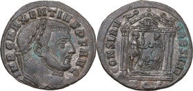 Maxentius (306-312). AE Follis, Aquielia mint, 307 AD. Obv. IMP C MAXENTIVS P F AVG. Laureate head right. Rev. CONSERV - VRB SVAE. Roma, draped, seate...