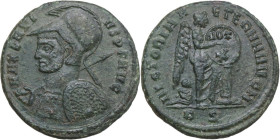 Maxentius (306-312). AE 20mm, Rome mint, 310 AD. Obv. MAXENTIVS P F AVG. Helmeted and cuirassed bust left, holding spear over right shoulder and shiel...