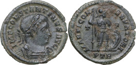 Constantine I (307-337). AE 23mm, Treveri mint, 310-313. Obv. IMP CONSTANTINVS AVG. Laureate and cuirassed bust right. Rev. MARTI CON-SERVATORI. Mars,...