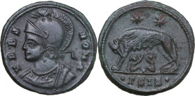 Constantine I (307-337). AE 18 mm, Siscia mint, 334-335. Obv. VRBS - ROMA. Bust of Roma, helmeted, wearing imperial cloak, left. Rev. She-wolf, standi...