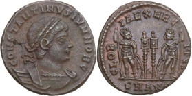 Constantine II as Caesar (317-337). AE 17 mm, Antioch mint, 330-335. Obv. CONSTANTINVS IVN NOB C. Laureate and cuirassed bust right. Rev. GLOR-IA EXER...