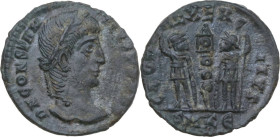 Constantius II (337-361). AE3, Cyzicus mint, 337-340. Obv. D N CONSTAN-TIVS P F AVG. Laureate head right. Rev. GLOR-IA EXERC-ITVS. Two soldiers, helme...