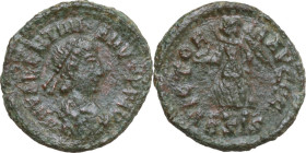 Valentinian II (375-392). AE 13.5mm, Siscia mint, 384-387. Obv. D N VALENTINI-ANVS P F AVG. Pearl-diademed, draped and cuirassed bust right. Rev. VICT...