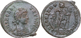 Arcadius (383-408). AE 19mm, Aquileia mint, 383-387. Obv. D N ARCADI-VS P F AVG. Pearl-diademed, draped and cuirassed bust right. Rev. GLORIA RO-MANOR...
