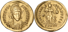 Theodosius II (402-450). AV Solidus, Constantinople mint, 397-402. Obv. D N THEODO-SIVS P F AVG. Helmeted, pearl-diademed and cuirassed bust facing fr...