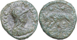 Ostrogothic Italy, Theoderic (493-526). AE 20 Nummi, Rome mint, 512-522. Obv. Helmeted and draped bust of Invicta Roma right. Rev. She-wolf suckling t...