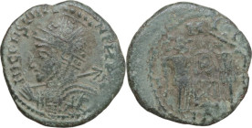 Uncertain Germanic tribe. Pseudo-Imperial coinage. AE, Barbaric imitation. Obv. Helmeted and cuirassed bust left, with shield and spear. Rev. Two Vict...