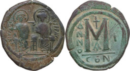 Justin II and Sophia (565-578). AE Follis. Constantinople mint, 1st officina. Dated RY 1 (565-566). Obv. Justin, holding globus cruciger in left hand,...