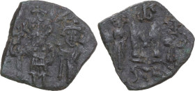 Constans II, with Constantine IV, Heraclius, and Tiberius (641-668). AE Follis, Syracuse mint, 659-668. Obv. Constans, bearded and holding long cross,...