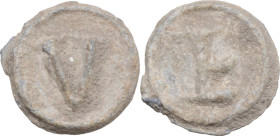 Leads from Ancient and Medieval World. PB Tessera. D/ V. R/ Monogram. PB. 1.42 g. 12 mm.