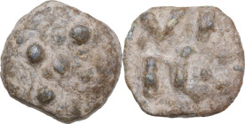 Leads from Ancient and Medieval World. PB Tessera. D/ Five pellets. R/ Four letters arranged in two rows. PB. 2.46 g. 12.5 mm.