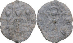 Leads from Ancient and Medieval World. PB Tessera. D/ Coronation scene with three persons. R/ Crucifix. PB. 4.2 g. 23.5 mm.