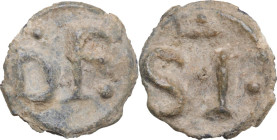 Leads from Ancient and Medieval World. PB Tessera. D/ DP surrounded by pellets. R/ SI surrounded by pellets and uncertain symbol above. PB. 1.85 g. 15...