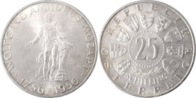Austria. Second Republic (1945- ). AR 25 Shilling, 1956, Vienna mint. For the 200th brithday of Wolfgang Amadeus Mozart. Obv. The Mozart statue in Bur...