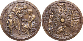 Belgian Congo. AE Medal, 1956. Société Internationale Forestière et Minière du Congo - Oeuvre sociale -Le Berceau du Kasai 1906-1956. Obv. Woman takes...