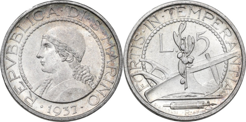 San Marino. Seconda monetazione (1931-1938). AR 5 Lire 1937. AR. 5 g. 23 mm. Som...