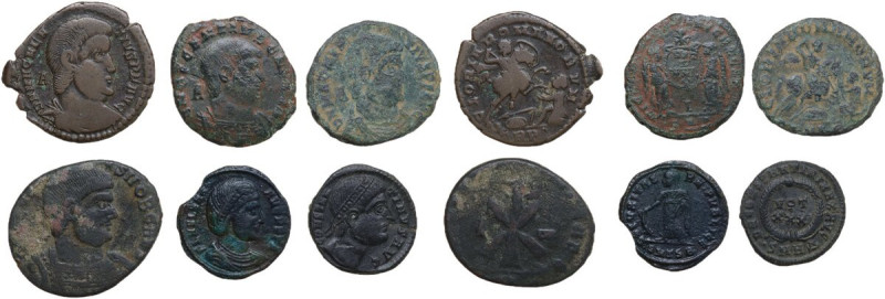 The Roman Empire. Multiple lot of six (6) bronze roman coins, including Magnenti...